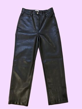 Aritzia Wilfred Black Faux Leather Trousers with Branded Silver Button